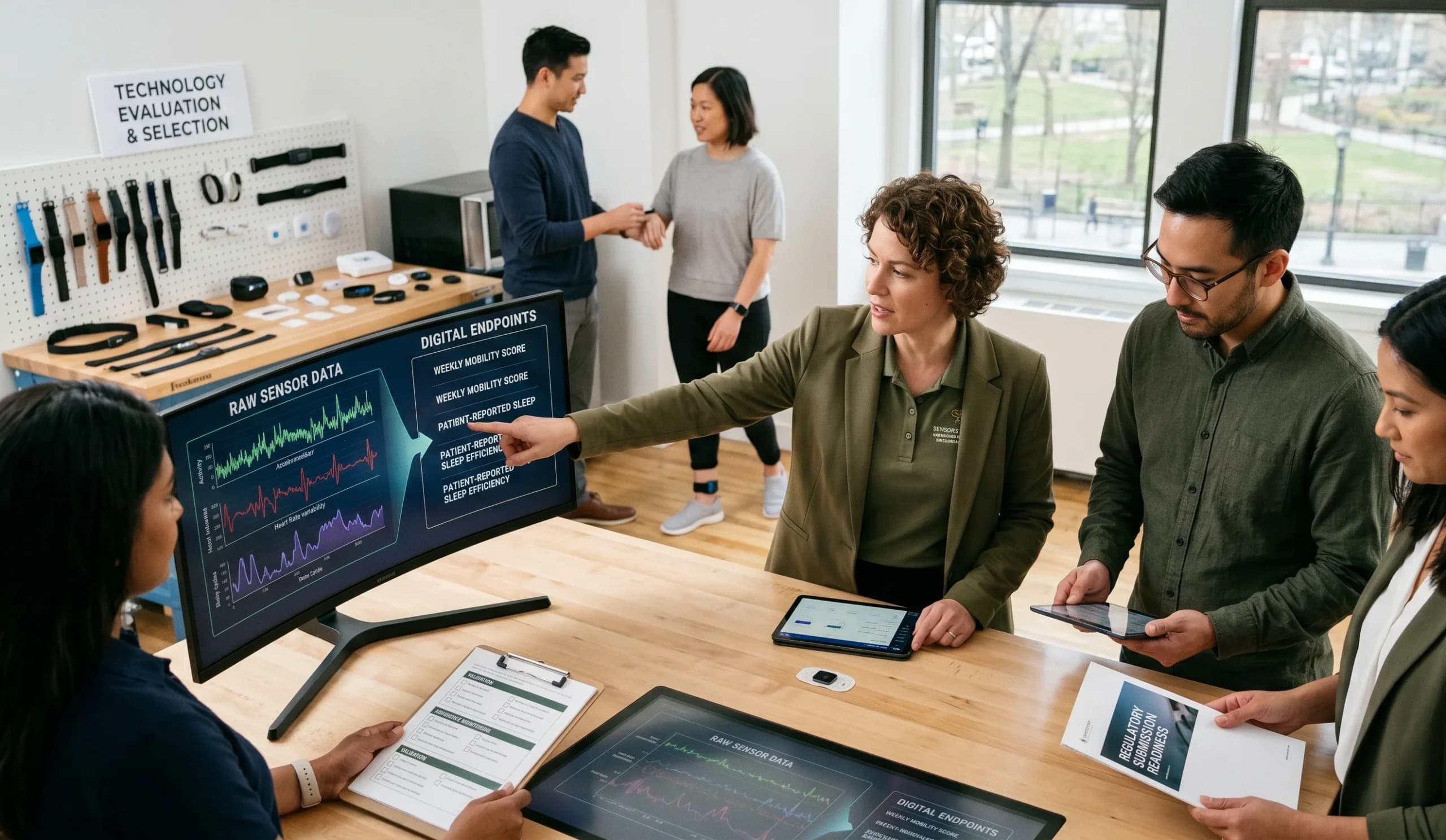 A diverse team in a bright, modern office discusses digital health endpoints from wearable sensors. A woman points to a screen showing raw data and metrics, while colleagues hold a tablet and regulatory documents, with a wall of smartwatches behind them.