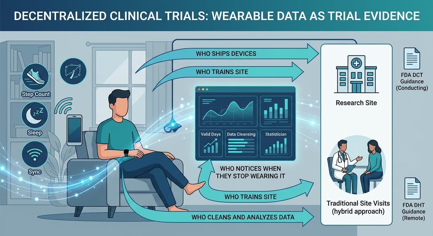 A flow diagram illustration of a decentralized clinical trial, showing data and responsibilities moving from a participant's home wearable device to a central analysis platform, with labels for FDA guidance and operational steps.