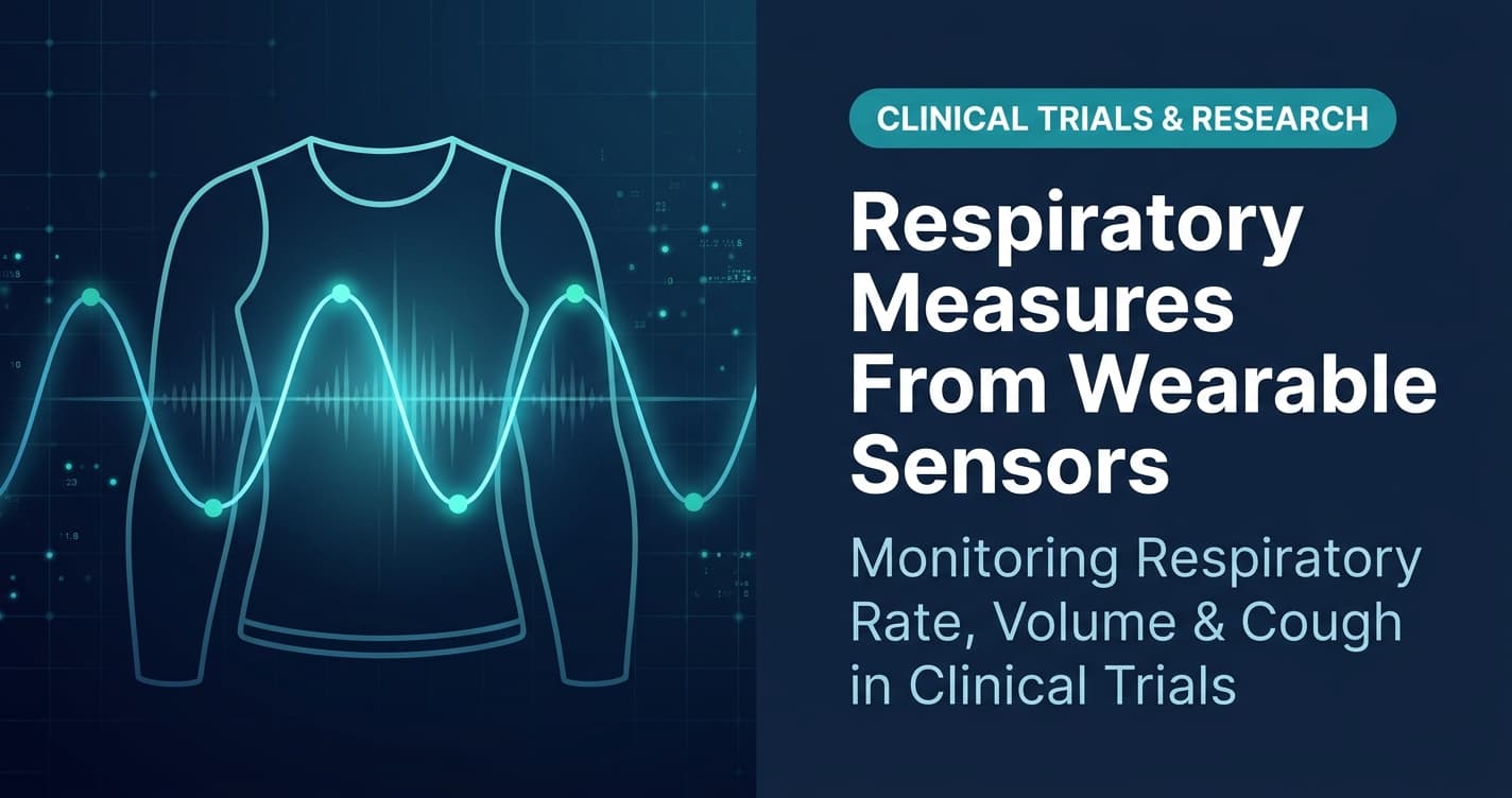 A blog featured graphic for VivoSense titled "Respiratory Measures From Wearable Sensors" with the subtitle "Monitoring Respiratory Rate, Volume & Cough in Clinical Trials." The left side illustrates wearable monitoring with a glowing cyan respiratory sine wave overlaid on a stylized chest garment silhouette against a dark navy digital background.