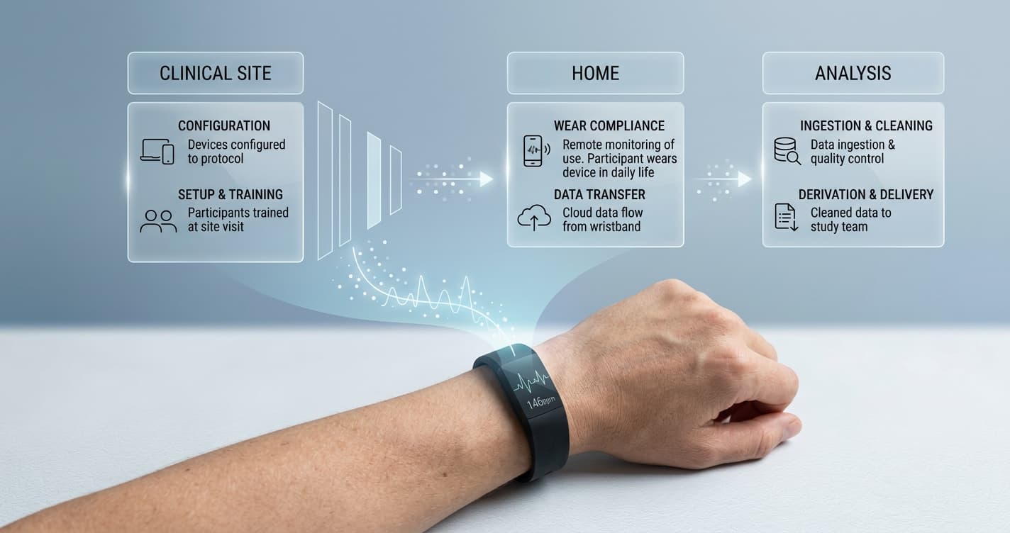 Diagram illustrating the flow of wearable sensor data in a decentralized clinical trial. A realistic human arm wearing a digital sensor shows data transferring through three stages: Clinical Site for device configuration and participant training, Home for wear compliance and cloud data transfer, and Analysis for data ingestion, cleaning, and delivery to the study team.