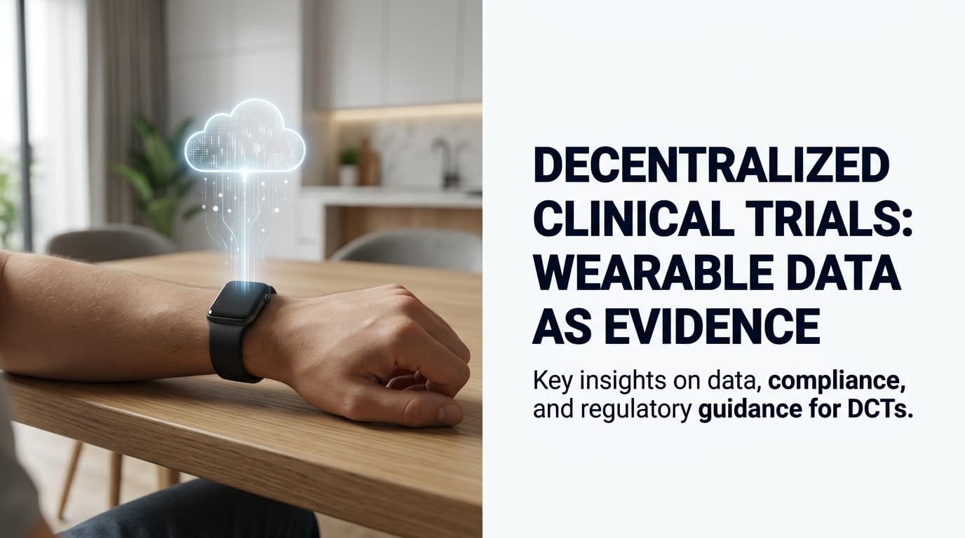 A close-up of a realistic human arm wearing a minimalist digital wrist sensor at home, showing continuous data transmission for a decentralized clinical trial.