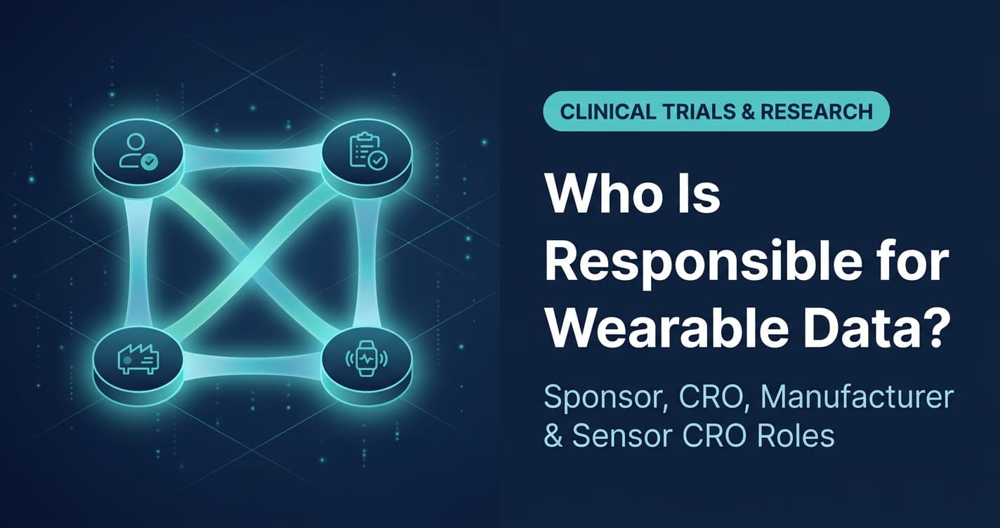 A modern featured image for a VivoSense digital health blog about wearable data responsibility in clinical trials. On the left, an abstract glowing diagram illustrates four interconnected hubs symbolizing the roles of the Sponsor, Primary CRO, Device Manufacturer, and Wearable Sensor CRO. On the right, the main title reads "Who Is Responsible for Wearable Data?" with the subtitle "Sponsor, CRO, Manufacturer & Sensor CRO Roles" in a clinical color palette.