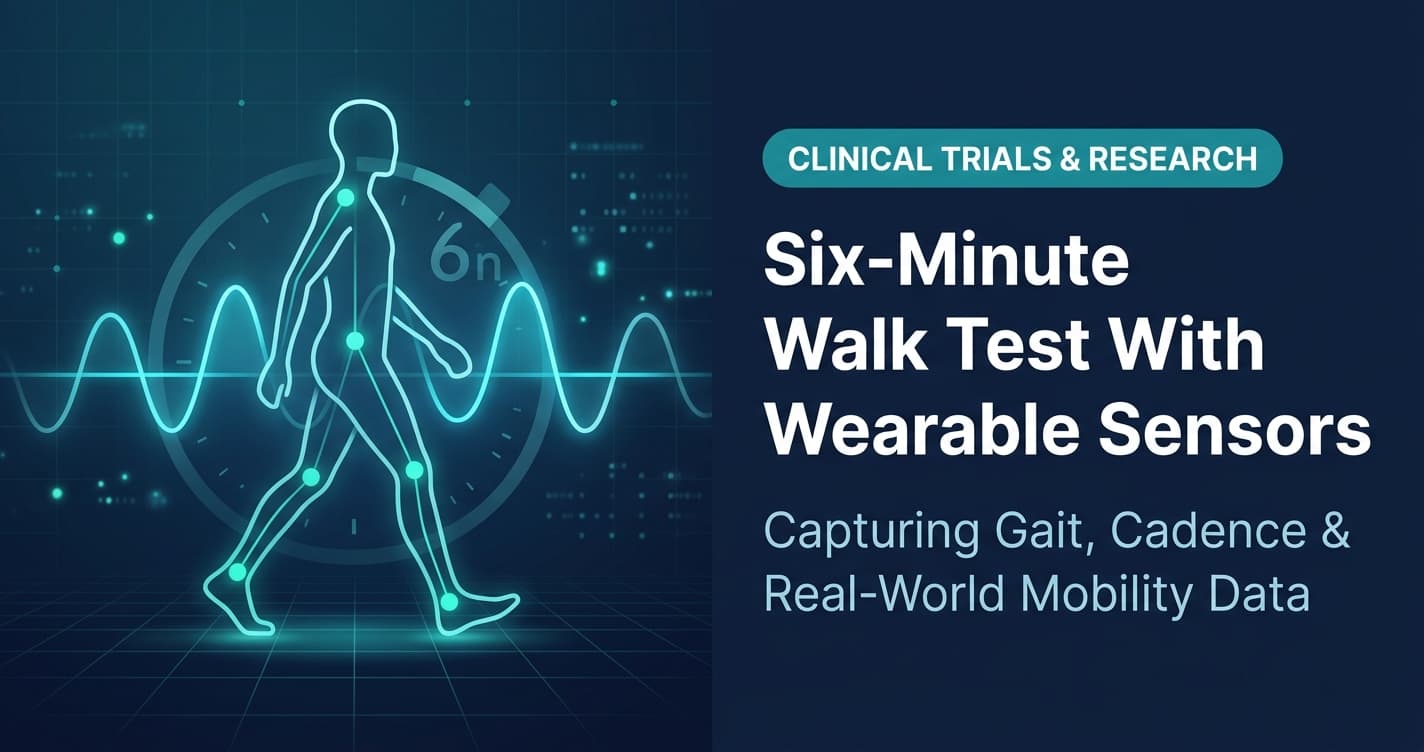 A blog featured graphic for VivoSense titled "Six-Minute Walk Test With Wearable Sensors" with the subtitle "Capturing Gait, Cadence & Real-World Mobility Data." The left side visualizes a walking silhouette overlaid with a glowing cyan cadence wave and data nodes against a dark navy digital background with a subtle timer motif.