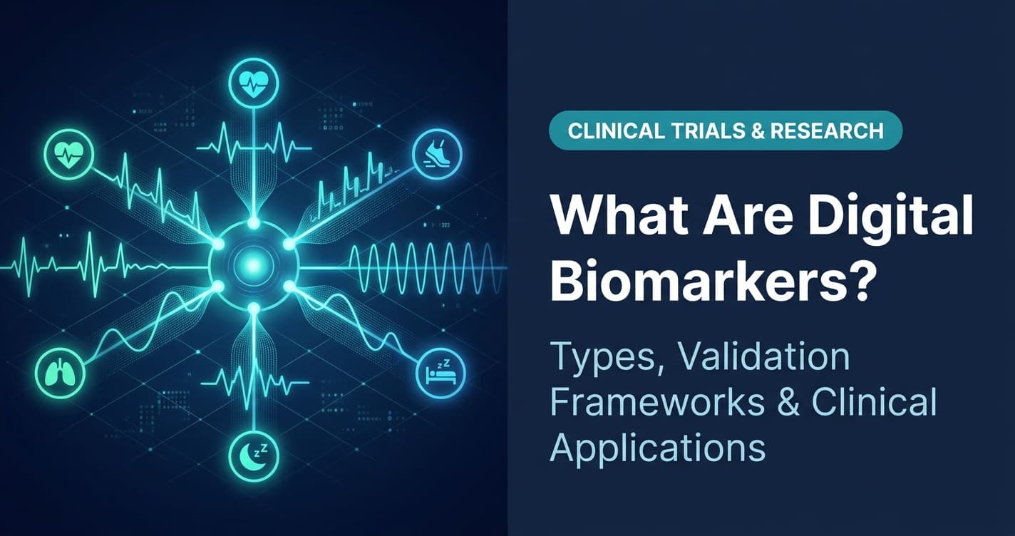 A modern clinical infographic blog featured image for VivoSense. The left side features an abstract, glowing 3D graphical visualization of multimodal digital biomarkers, including radiating stylized waveforms for cardiac activity, step gait cadence, respiratory sine waves, and sleep cycles, anchored by glowing icons. The right side contains a clear typography layout on a dark navy background, with a teal badge reading 'CLINICAL TRIALS & RESEARCH', the main title 'What Are Digital Biomarkers?', and the subtitle 'Types, Validation Frameworks & Clinical Applications'.
