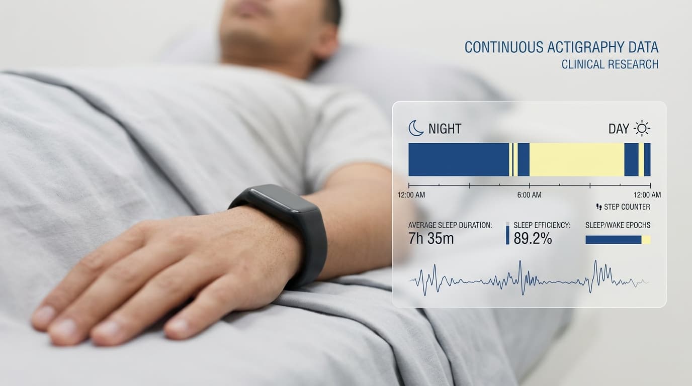 A clean, close-up photograph of a modern, sleek wearable actigraphy sensor on a person’s wrist. Abstract, glowing blue digital graphs depicting sleep-wake data and accelerometer waveforms float gently around the device. This illustration has a minimalist, high-tech clinical research aesthetic with soft, bright studio lighting.