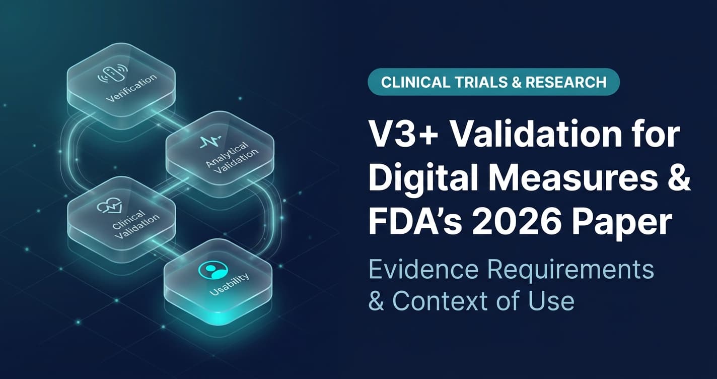 An infographic blog featured image for VivoSense illustrating the V3+ validation framework for digital measures, referencing the FDA’s 2026 paper. The modern, clinical style image shows a four-stage process (Verification, Analytical Validation, Clinical Validation, Usability) depicted as interconnected 3D hexagonal nodes on the left. The right side features the main title: "V3+ Validation for Digital Measures & FDA’s 2026 Paper," with the subtitle: "Evidence Requirements & Context of Use" under the "Clinical Trials & Research" category.
